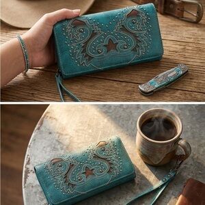 Montana West Turquoise Western Studded Wristlet Wallet Clutch Boho Cowgirl RFID